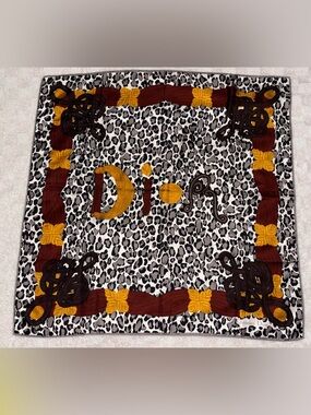 Vintage Christian Dior Leopard Print Silk Scarf Golden Dark Red & Brown Accents